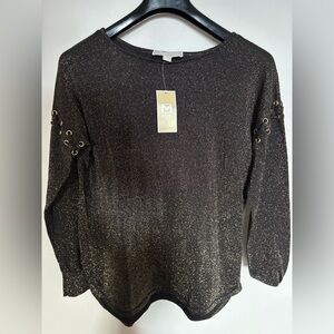 NWT-MICHAEL Michael Kors Women's Petite Black
Silver Metallic Tie Sleeve Sweater